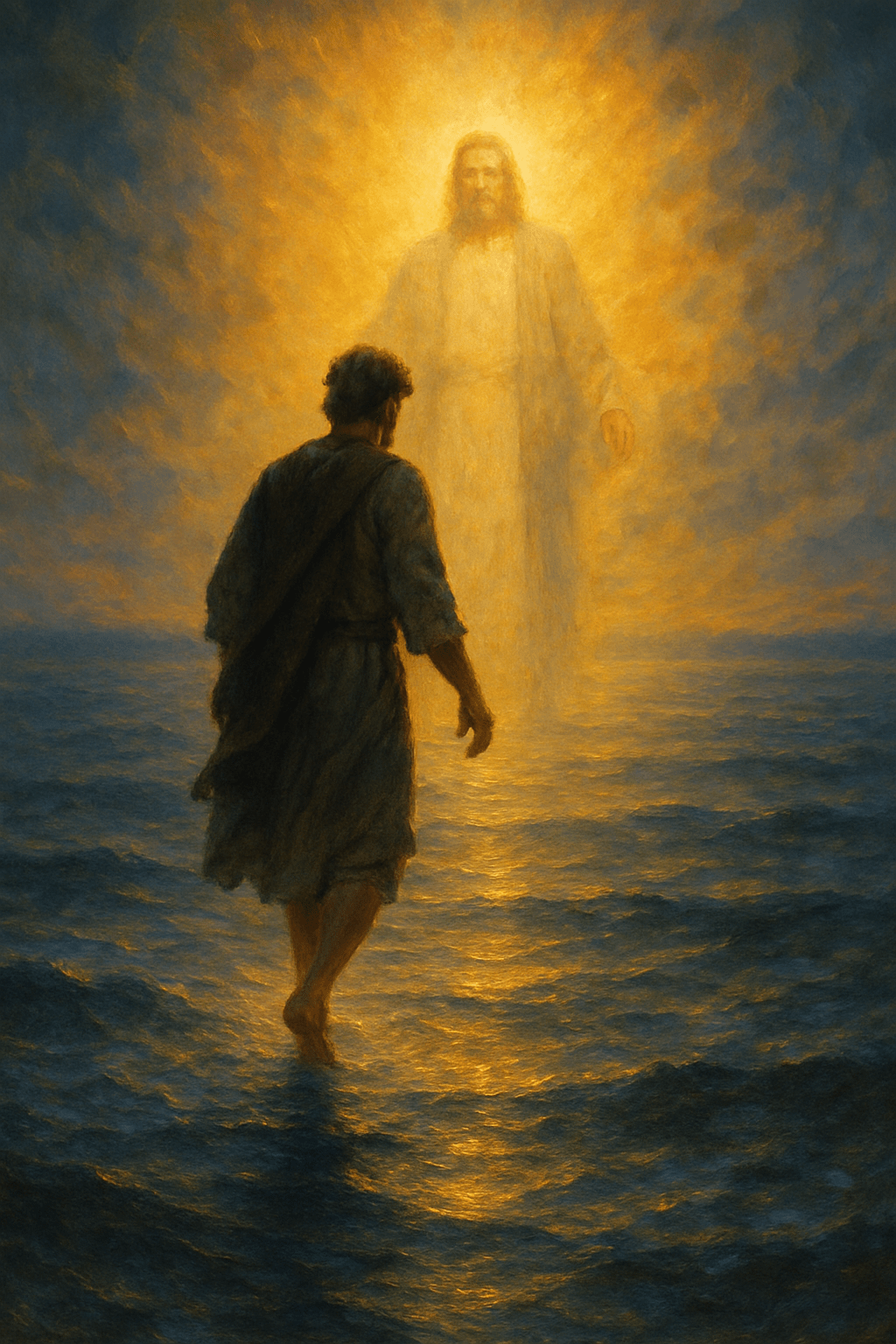 A man walks on water at twilight, illuminated by the golden light radiating from a glowing figure of Jesus in the distance. The scene evokes divine guidance and faith, with the man stepping forward toward Christ across shimmering, rippling water under a dusky blue and amber sky.